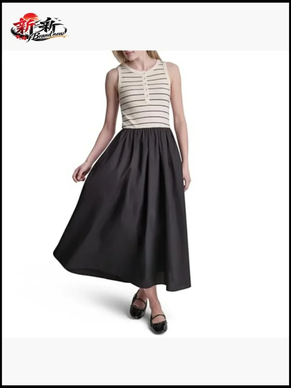 Striped Cotton Poplin Maxi Dress with Rib Henley Top
